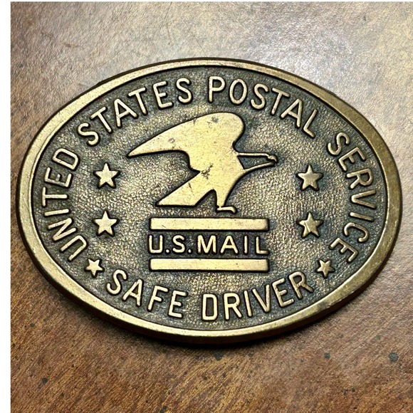 Vintage Brass USPS Belt Buckle Gold United States Postal Service Safe Driver